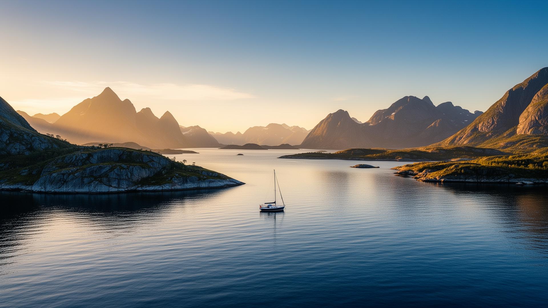 Segelbåt på stilla vatten bland öar och fjäll